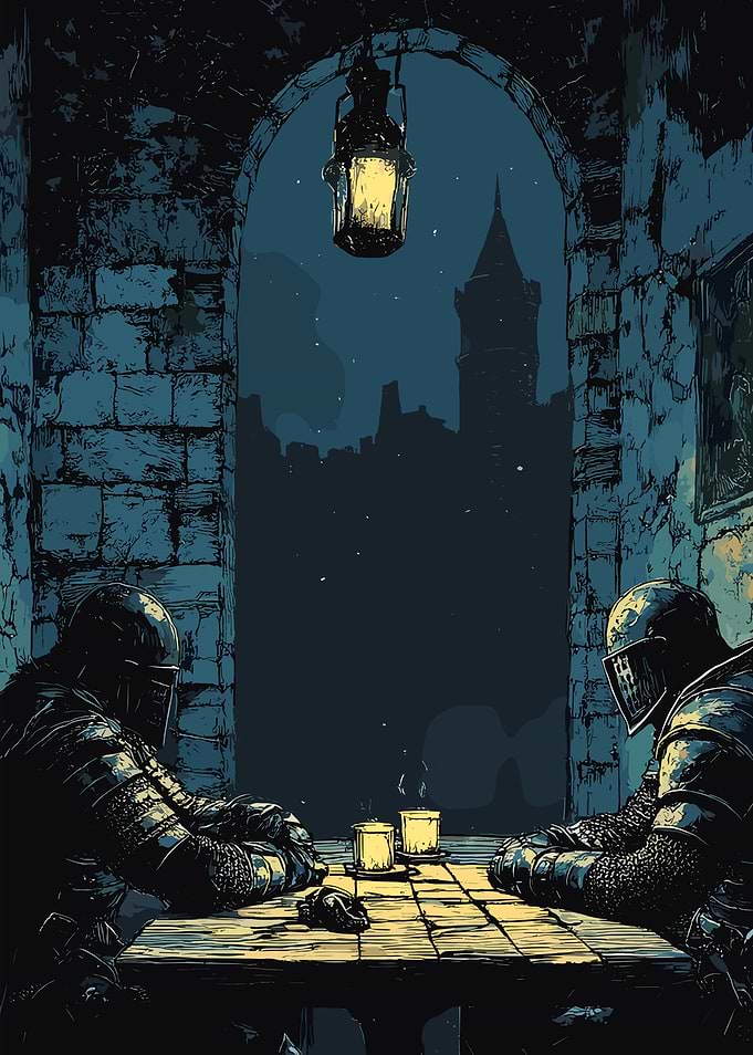 Knights at Table in Castle Setting