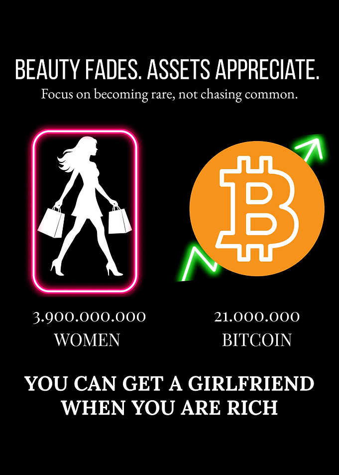 Bitcoin wealth meme highlighting scarcity vs women abundance: assets over beauty