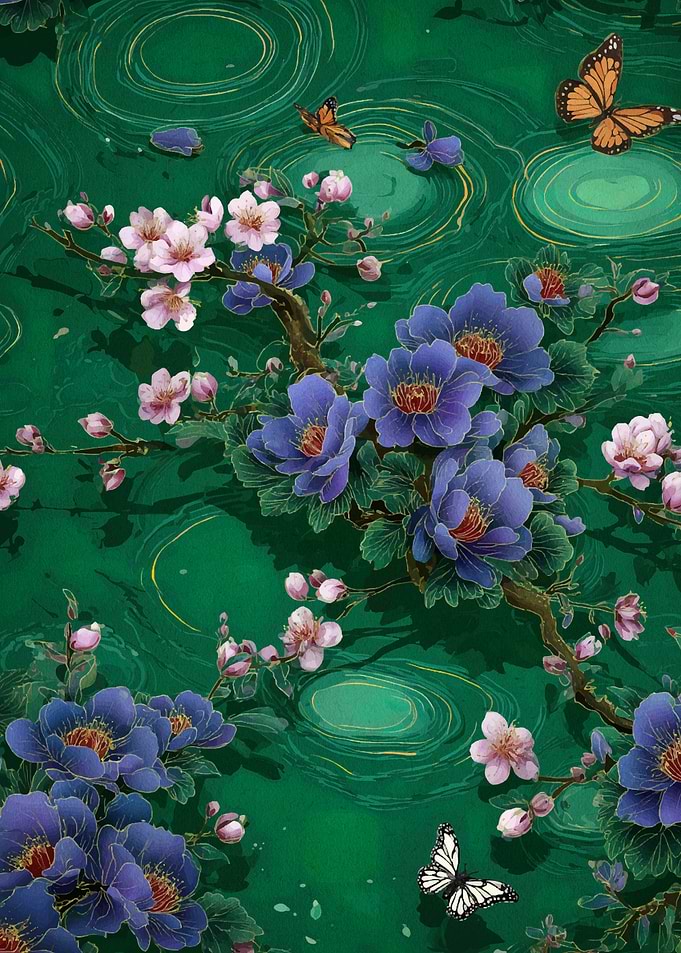Floral and Butterfly Green Background
