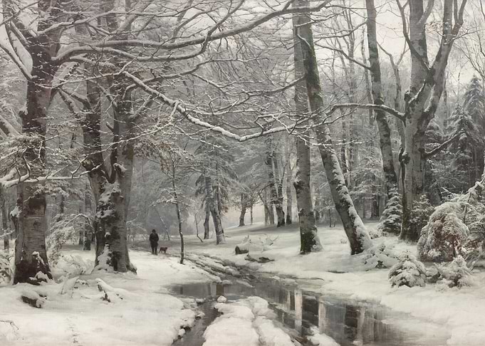 Winter Forest Scene with Figure and Dog