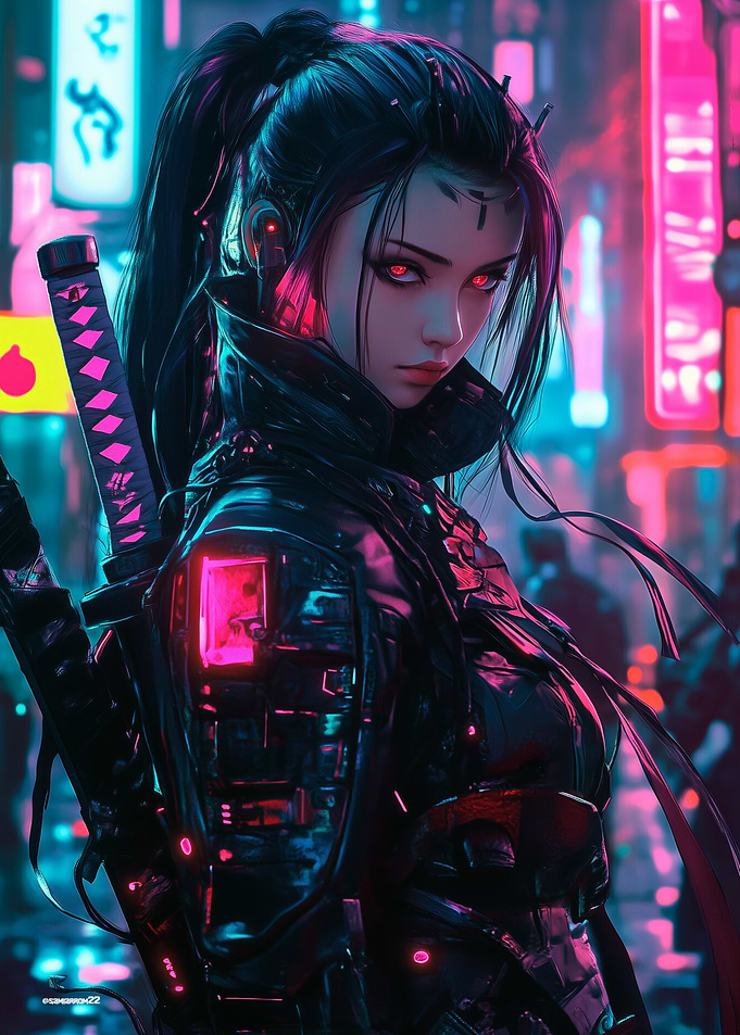 Cyberpunk Neon Warrior Woman with Katana