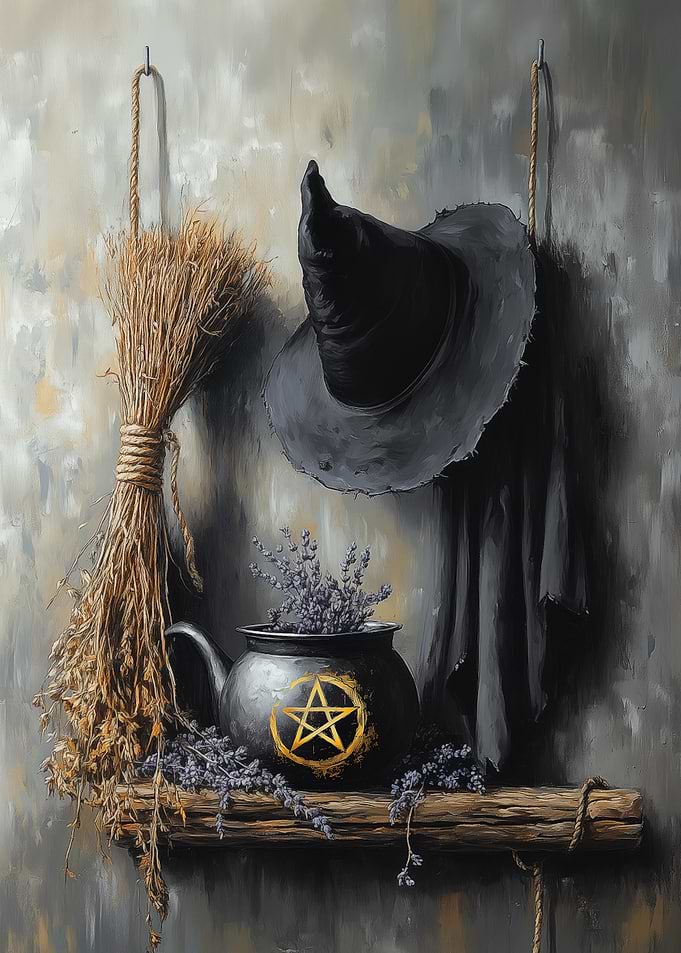 Witchcraft Still Life with Cauldron Tea Pot and Hat