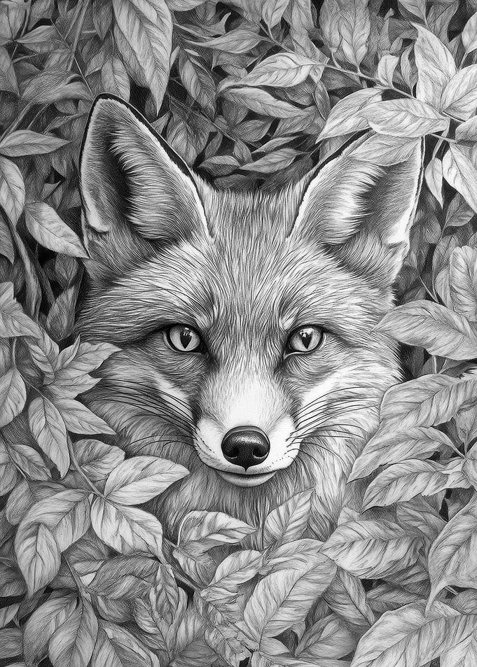 Fox Portrait in Leaves - Graphite Drawing