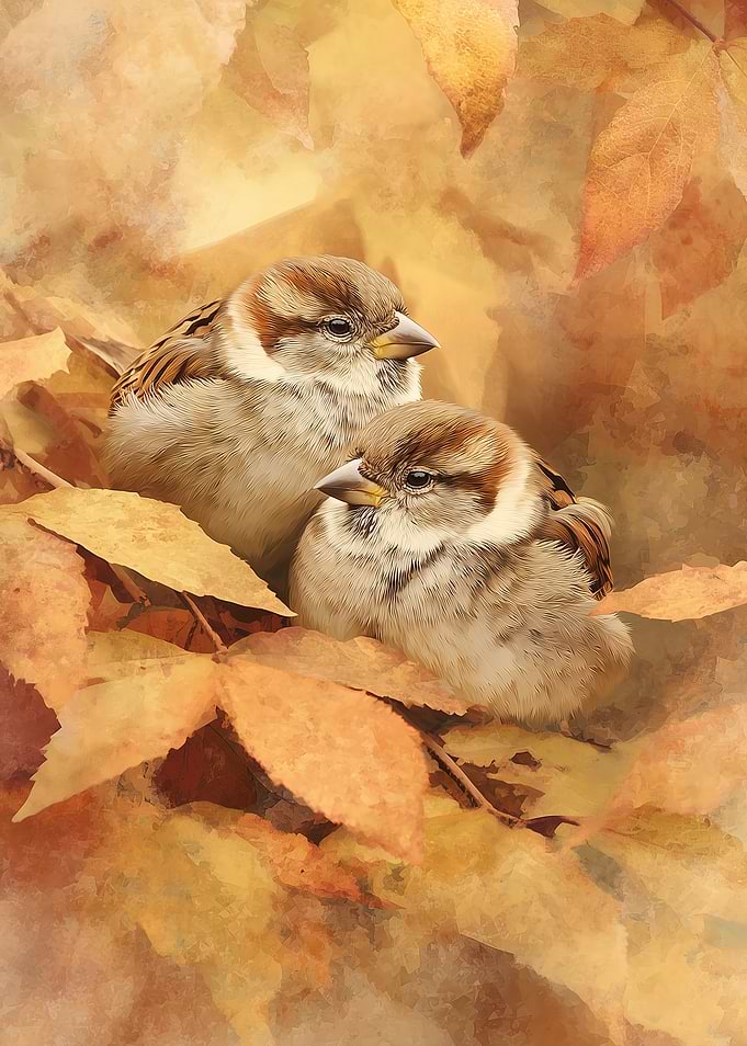 Two Sparrows in Autumn Leaves