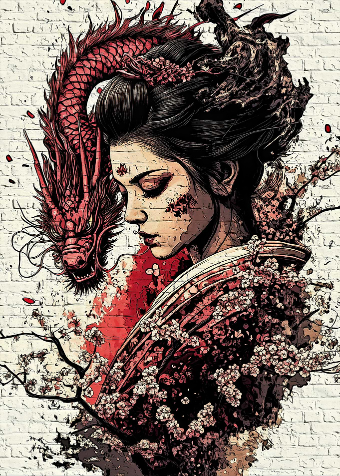 Geisha with Dragon and Cherry Blossoms