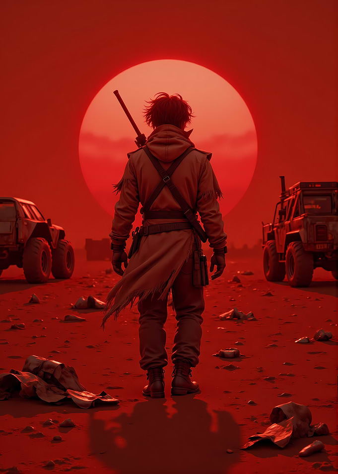 Post-Apocalyptic Wanderer in Red Wasteland