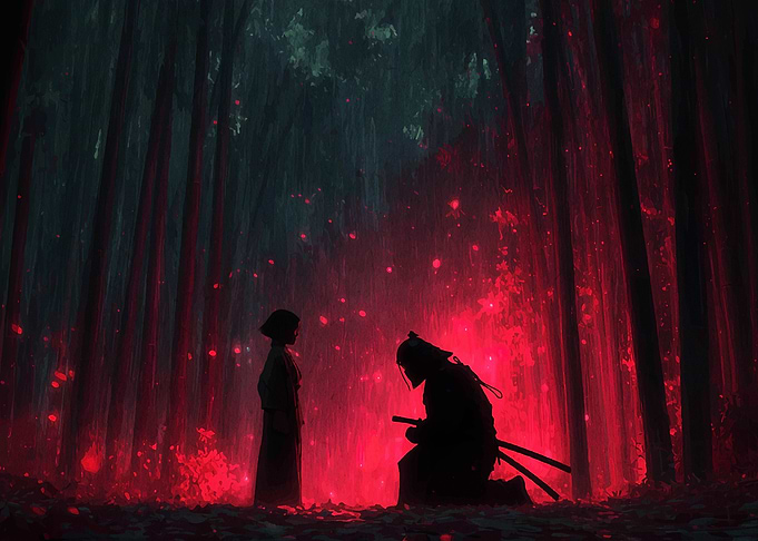 Samurai and Woman in Red Forest