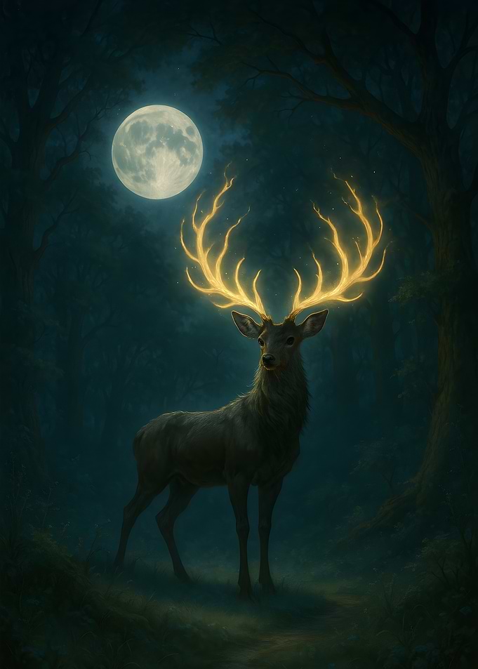 Glowing Antler Deer in Moonlight Forest