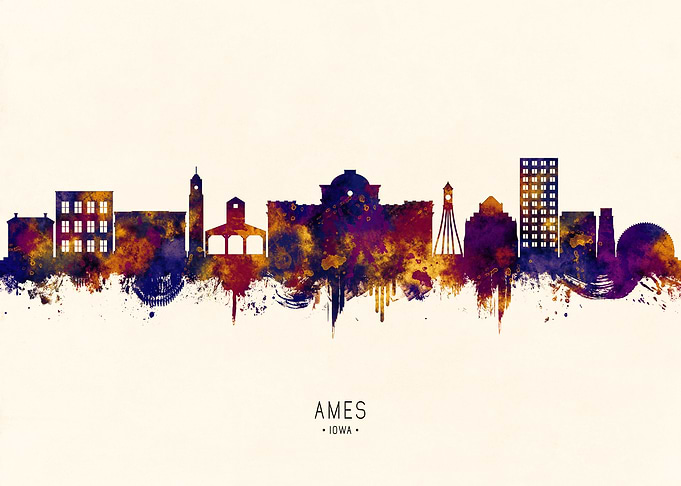 Ames Iowa Skyline Watercolor Silhouette