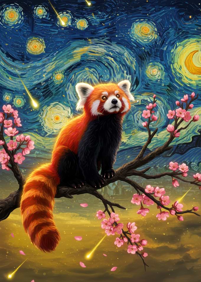 Red Panda in Starry Night Style