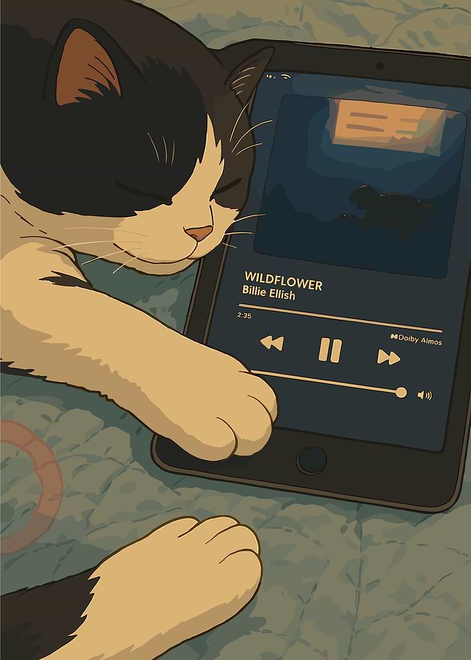 Cat listening to Billie Eilish on Tablet