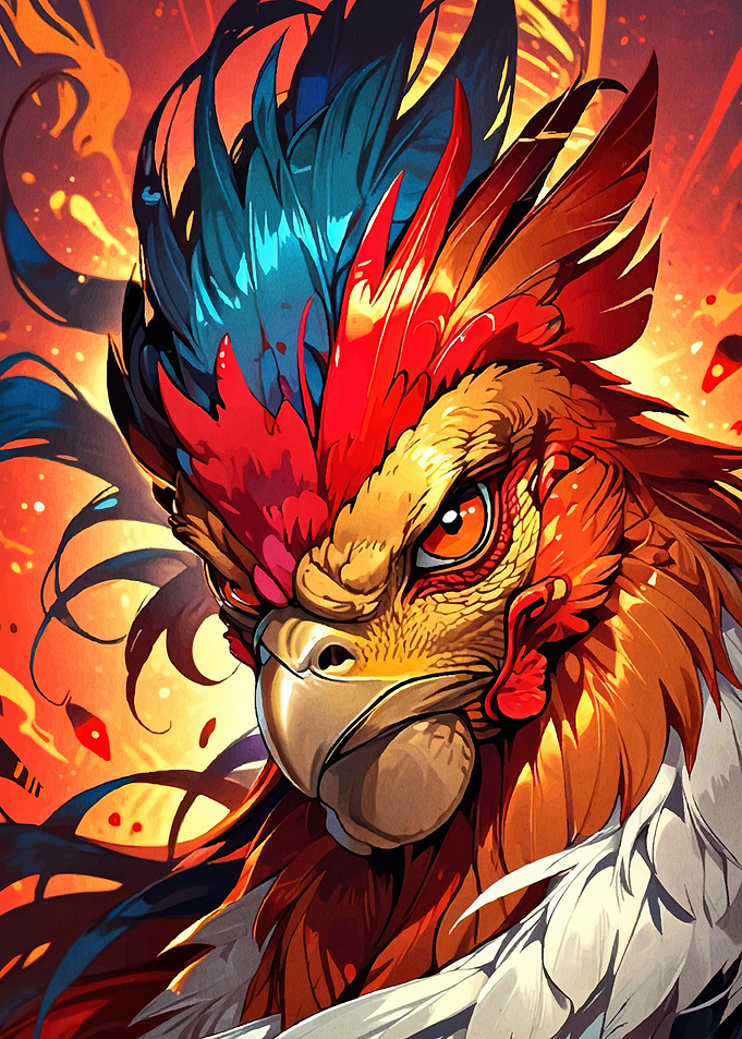 Stylized Rooster Portrait Fiery