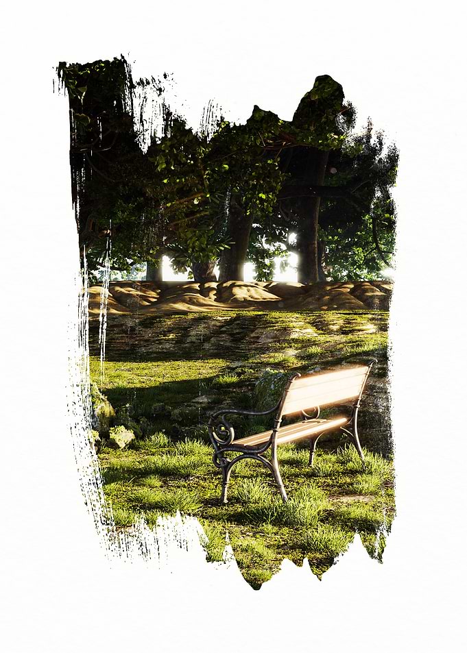 Park bench in a green landscape