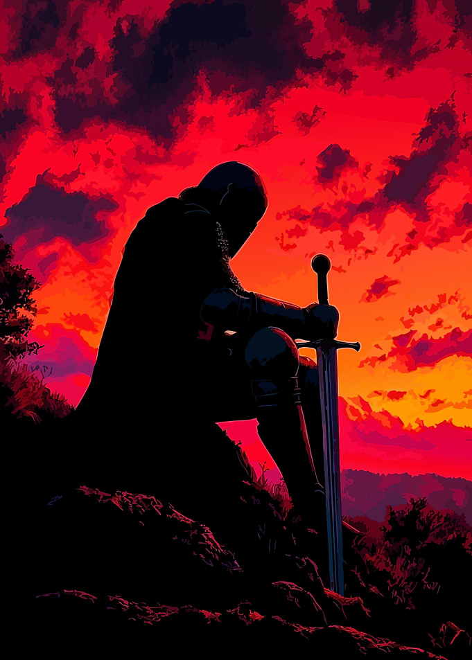 Silhouette of Knight with Sword at Sunset
