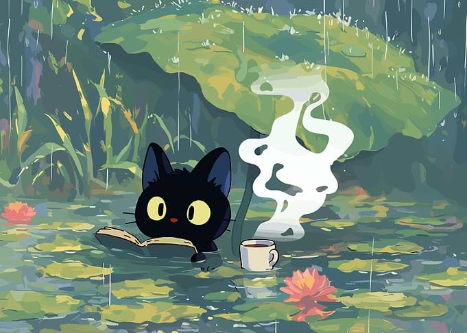 Black Cat Reading in the Rain