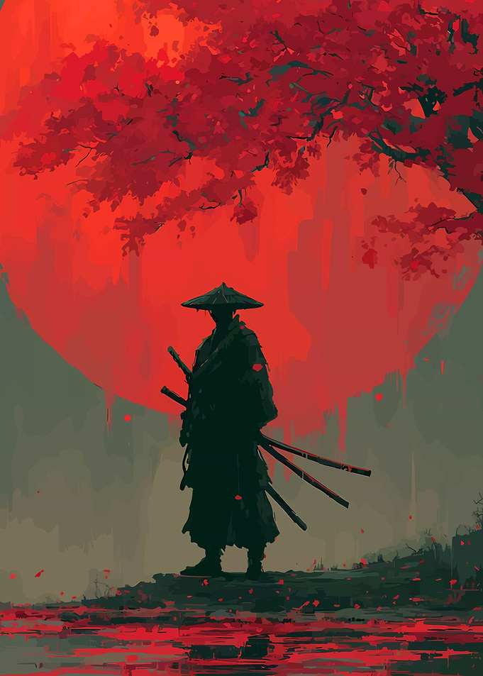 Samurai Silhouette Under Red Moon