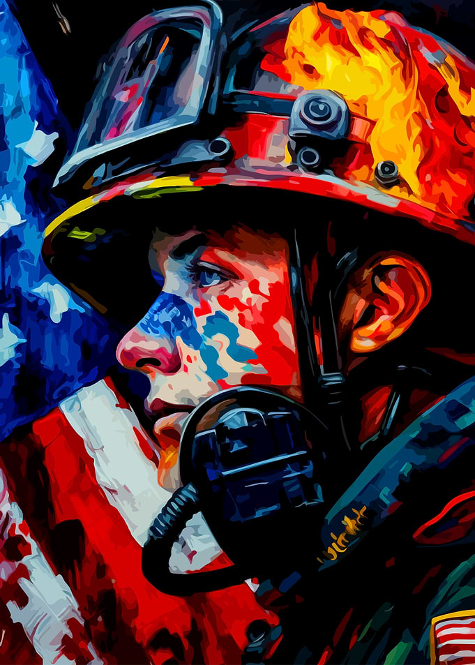 Firefighter with American Flag Art