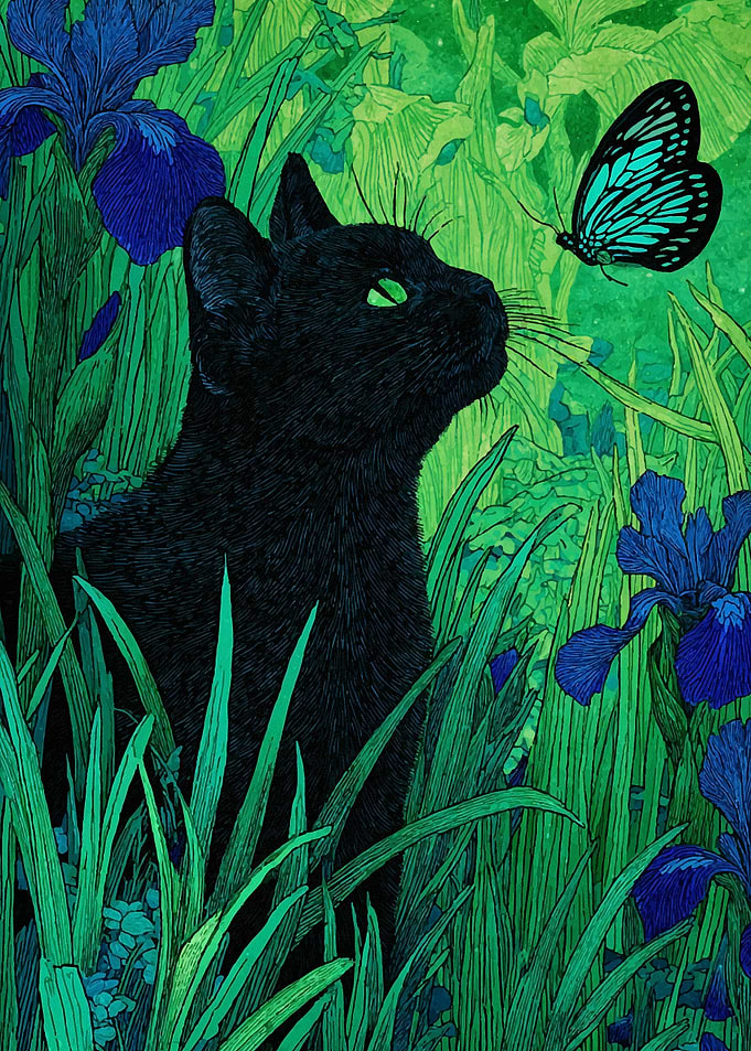 Black Cat and Butterfly in Garden