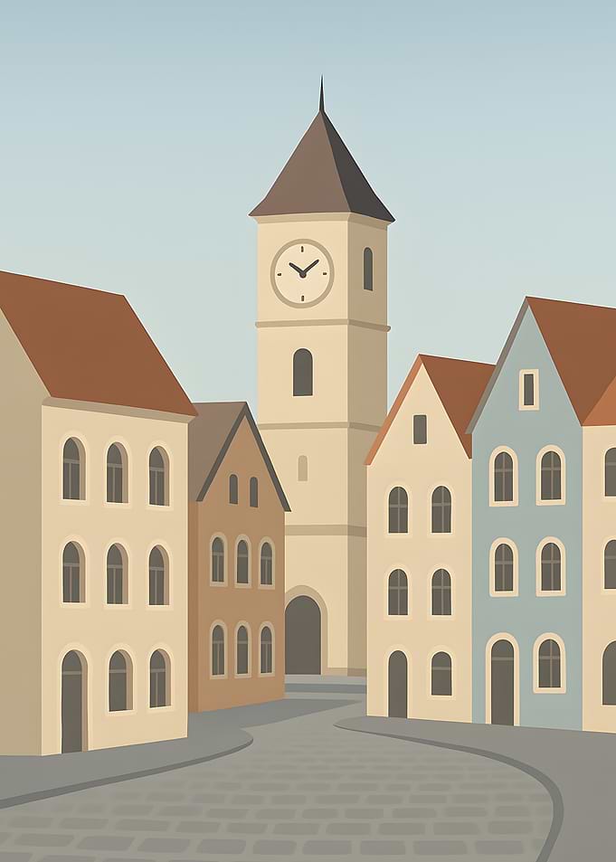 European Town with Clock Tower Illustration