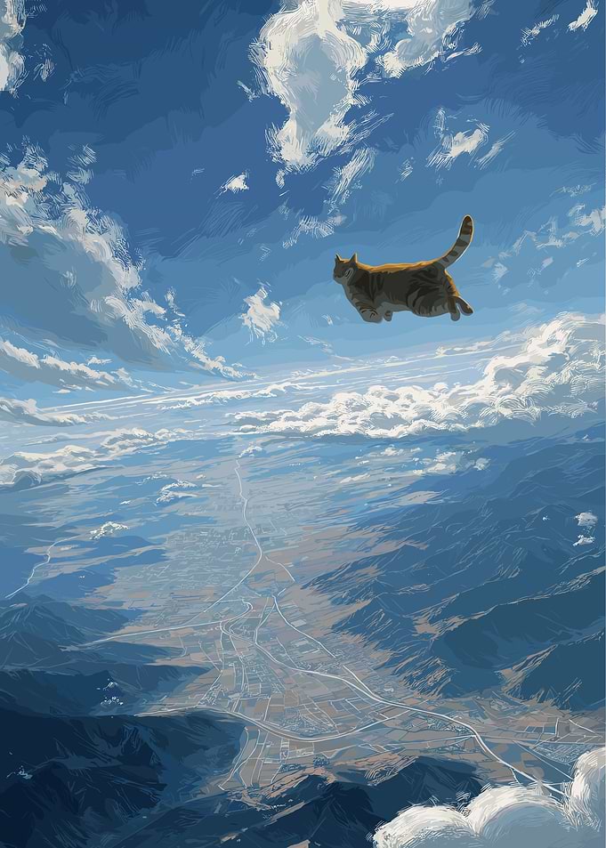 Flying Cat Over Landscape