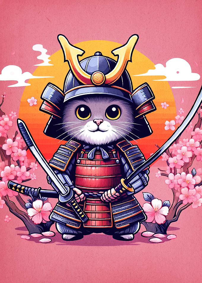Samurai Cat Cherry Blossoms