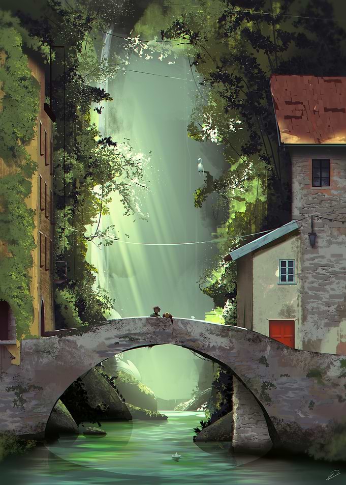 Idyllic Bridge Scene with Lush Greenery