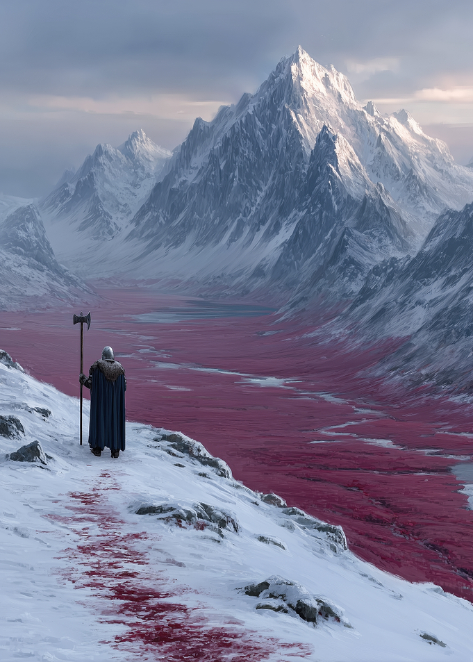 Warrior in Snowy Mountain Landscape