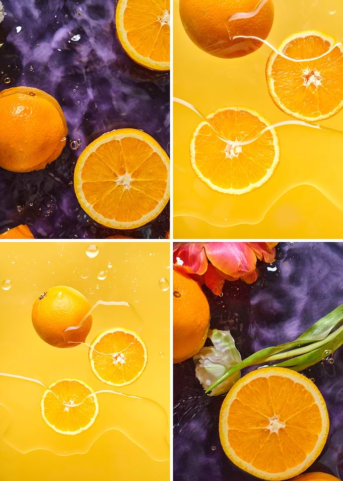 Vibrant Orange Collage with Floral Accents