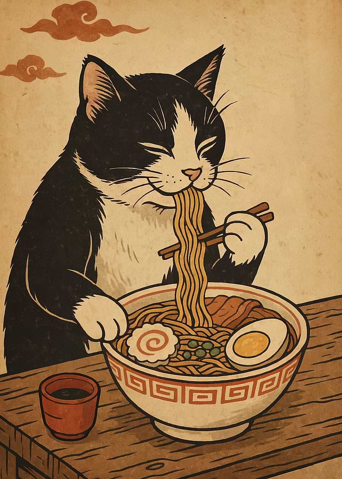 Cat Eating Ramen Noodles Illustration