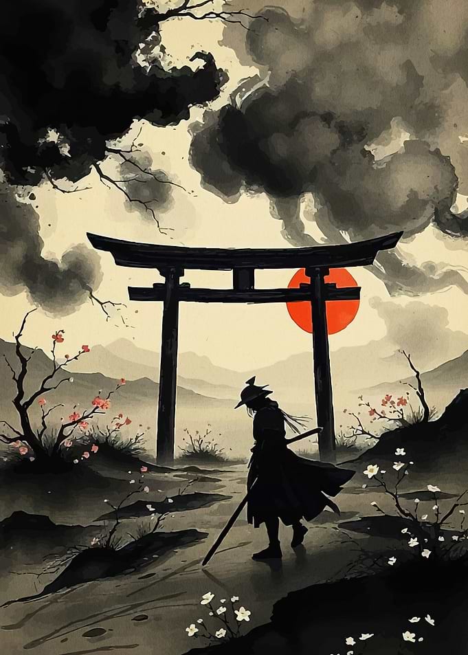 Samurai Silhouette Torii Gate