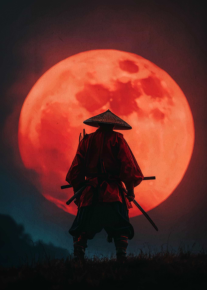 Samurai Warrior with Red Moon