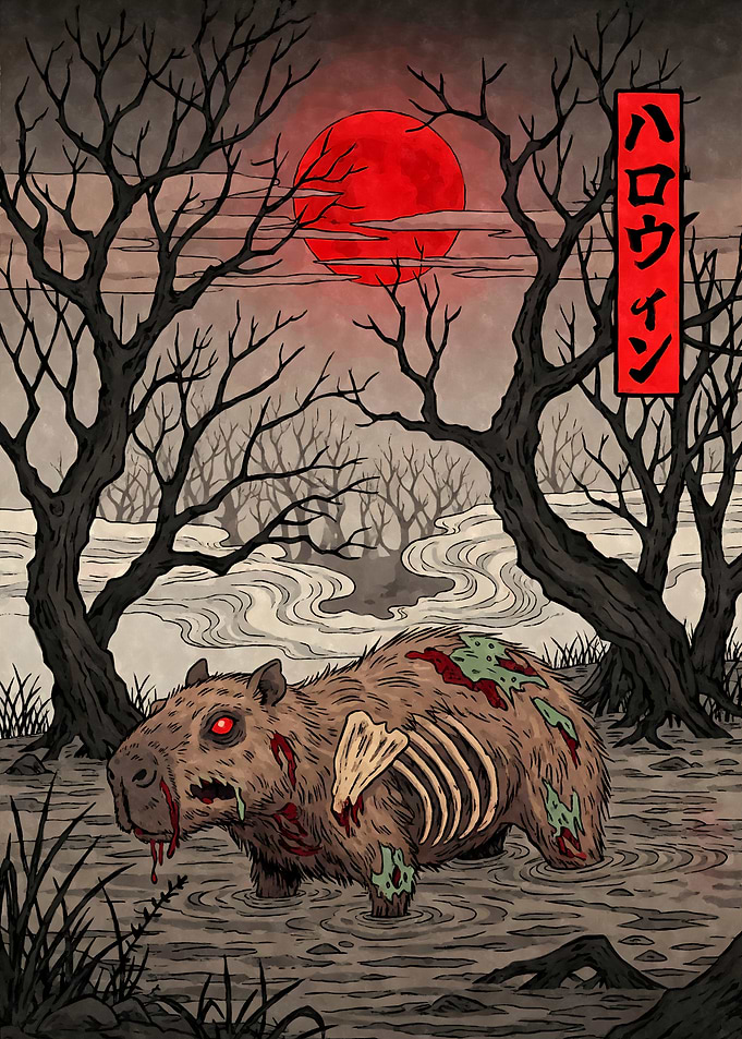 Zombie Capybara Halloween Ukiyo-e
