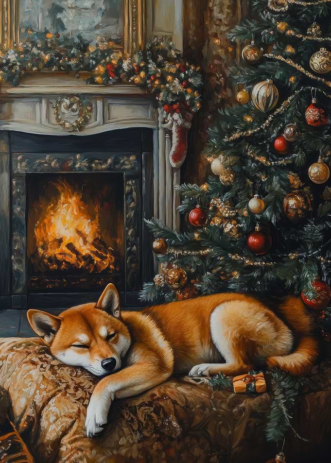 Sleeping Shiba Inu Christmas Fireplace | Shiba inu christmas art