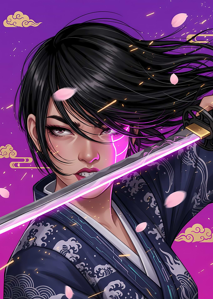 Cyberpunk Samurai Girl with Glowing Katana