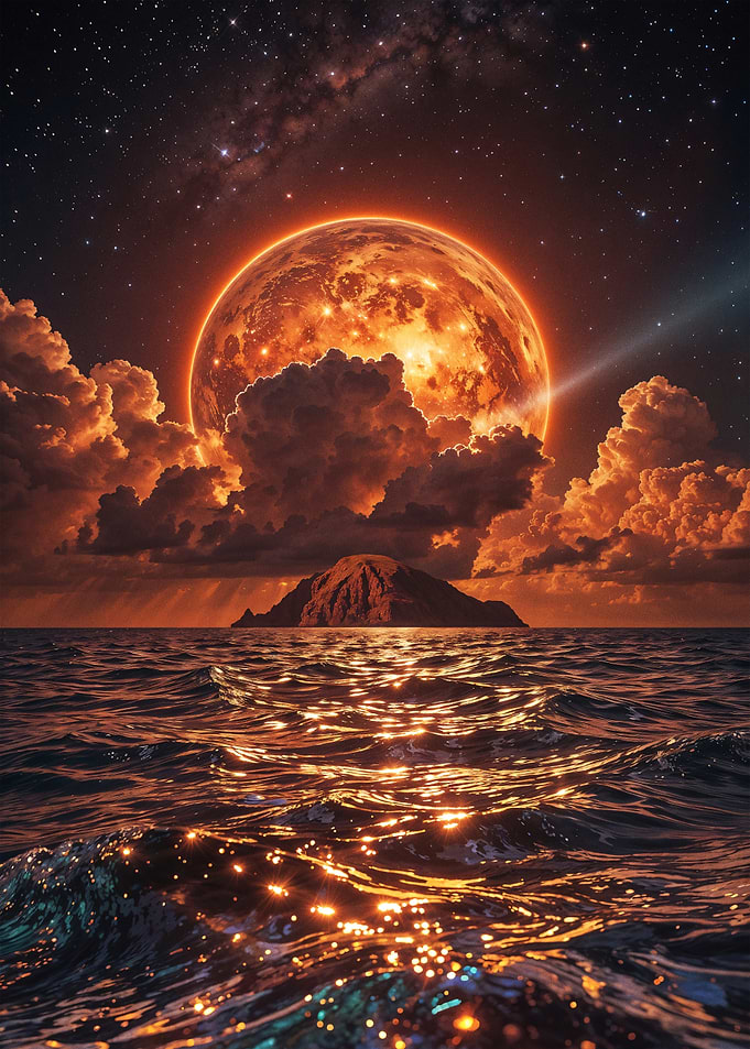 Fiery Moonrise Over Ocean Island