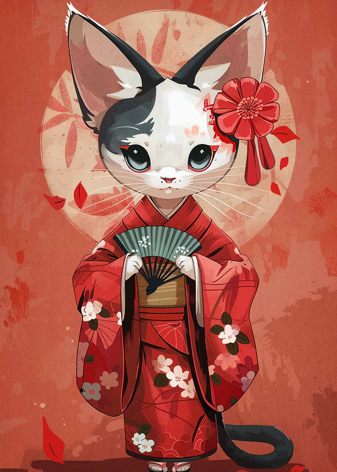 Cat in Kimono with Fan