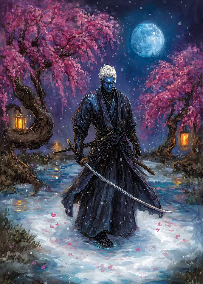 Blue-skinned Samurai Under Cherry Blossoms