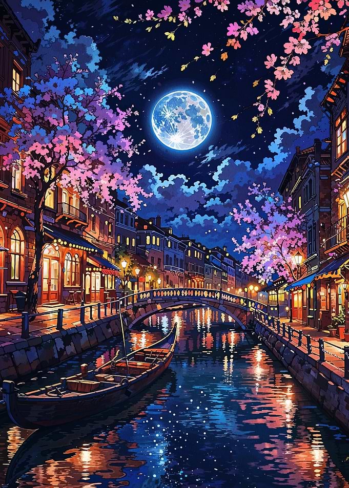 Venice Canal Night Scene with Moon