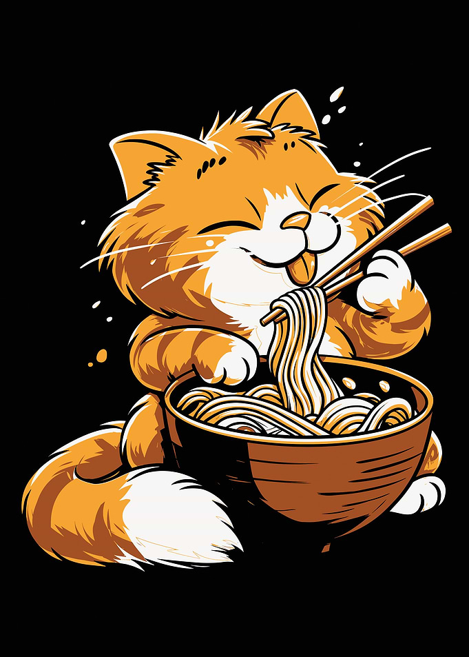Cartoon Cat Eating Ramen Noodles