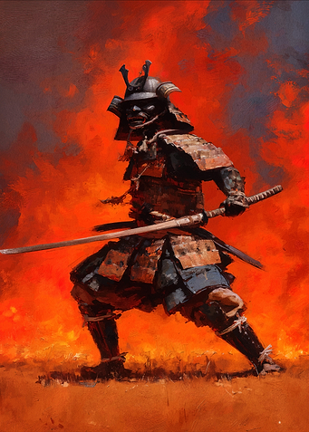 Samurai Warrior in Fiery Landscape