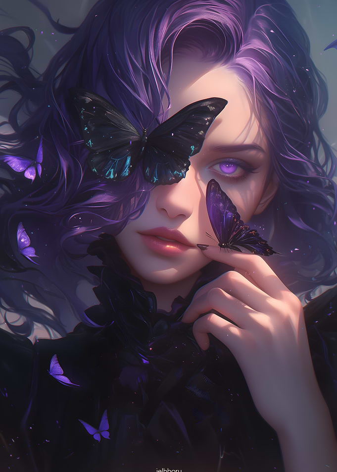 Purple Haired Woman with Butterflies