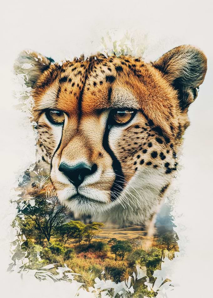 Cheetah Portrait with Savannah Landscape