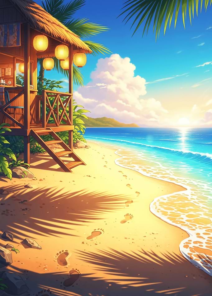 Tropical Beach Hut at Sunset, Chibi Style