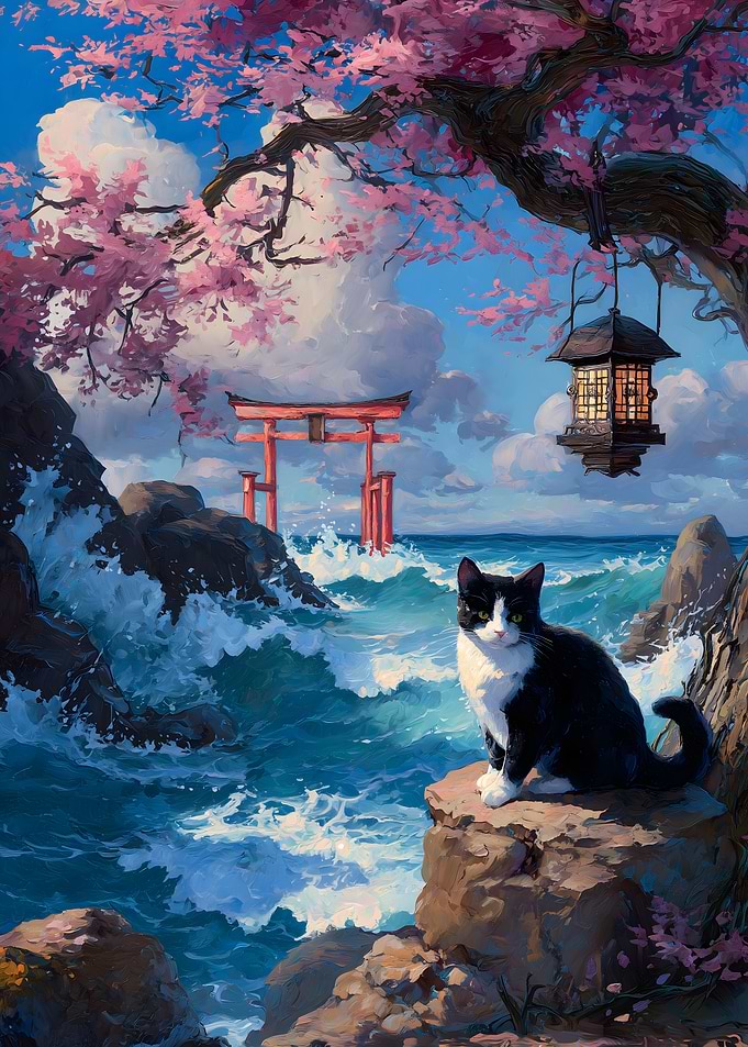 Cat by the Sea with Torii Gate