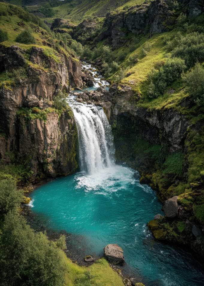 Turquoise Waterfall in Green Valley