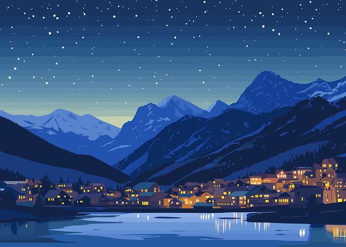 Night Mountain Village Landscape Illustration
