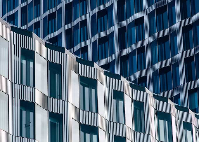 Modern Building Facade with Blue Windows