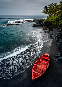 Red Boat on Black Sand Beach