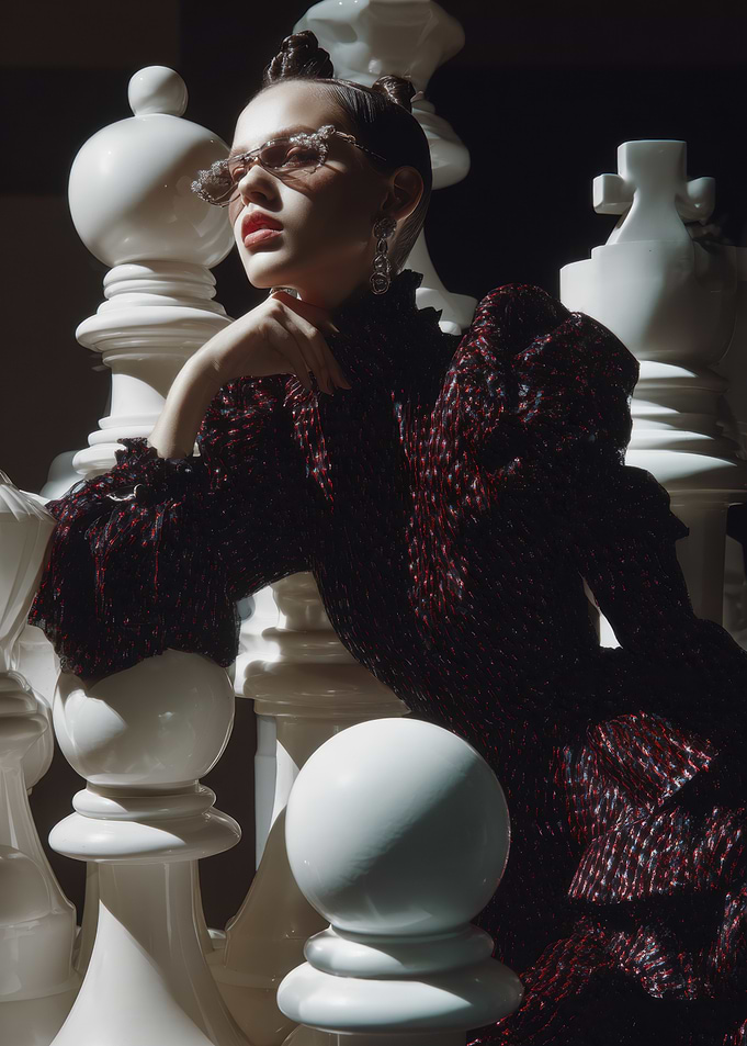 Woman with Chess Pieces Fashion Portrait