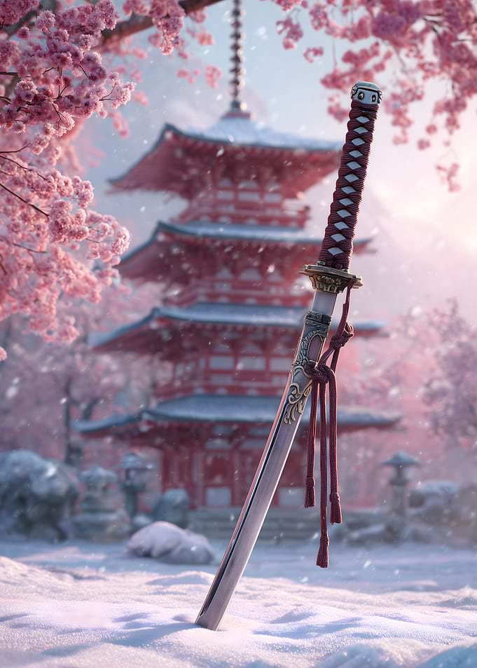 Katana in Snowy Japanese Garden